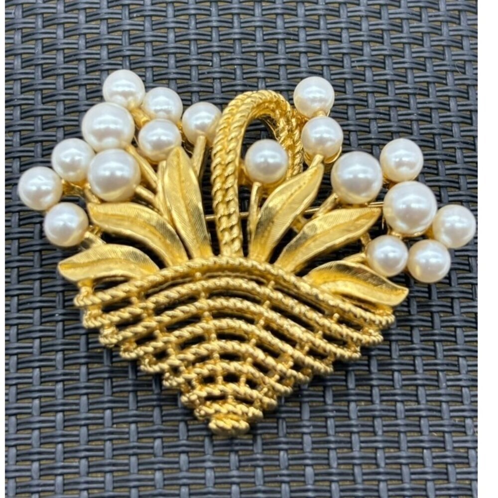 Trifari Gold-Tone Metal, Basket With Faux Pearl Flowers Brooch, Marked "Trifari"